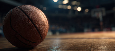 Close-up image of a professional basketball showcasing its textured surface. The ball rests on a hardwood court, highlighted by moody ambient lighting and shallow depth of field.の素材