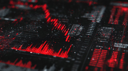 A close-up view of computer screens displaying collapsing cryptocurrency charts with red downward lines, showcasing a tech-noir aesthetic and digital intensity.の素材
