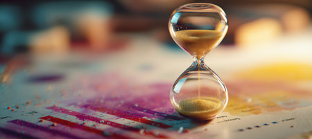 A macro shot of an hourglass placed on a report featuring colorful analytics. The soft glowing bokeh background adds a touch of fine art realism to the composition.の素材