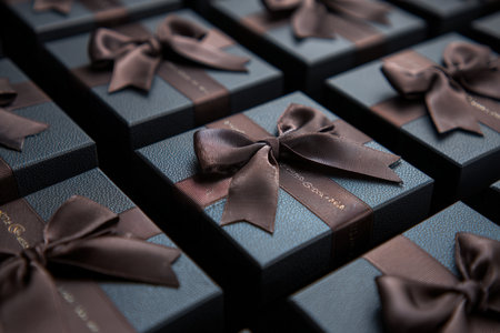 Close-up of elegant gift boxes arranged in a grid, featuring matte paper and silk bows. The subtle textures and high-end presentation emphasize luxury and sophistication.の素材