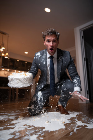 A man in a suit accidentally drops a birthday cake, with frosting splattered on the floor. His stunned expression is captured in a modern home interior with dramatic lighting.の素材