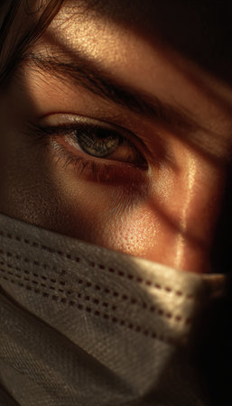 A cinematic close-up captures a person wearing a mask, with shadows highlighting a tired yet hopeful expression. The fine art composition emphasizes emotion and depth.の素材