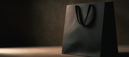 A black paper bag is captured in warm, soft lighting, showcasing elegance and simplicity. This fine art minimalist product photography emphasizes texture and shadow.の素材