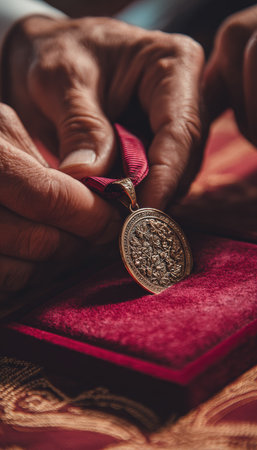 Close-up of hands placing an ornate medal on a velvet presentation tray. The background is softly blurred, highlighting the luxurious and ceremonial atmosphere in high-detail studio lighting.の素材