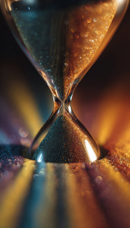 Cinematic macro photograph capturing sand grains falling inside an hourglass. Vibrant, colorful charts beneath symbolize time and data analysis in a visually striking composition.の素材