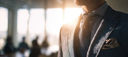 A business executive stands confidently in a tailored suit, illuminated by warm sunlight. The minimalist background and meeting room setting emphasize a professional lifestyle.の素材