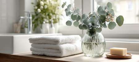 A tranquil white bathroom featuring a vase of eucalyptus, neatly folded towels, and natural soap. Sunlight streams through a side window, creating a fresh and calming wellness scene.の素材