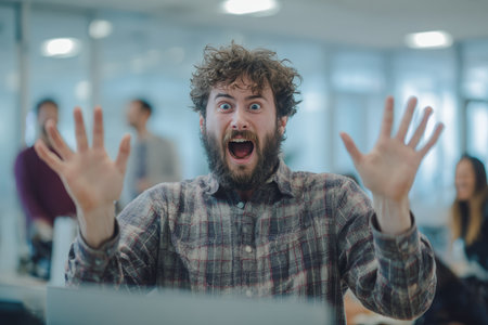 A man is caught mid-scream with hands raised, eyes wide in disbelief, reacting to a prank in a bright office. Coworkers are seen laughing in the background, adding to the lively scene.の素材