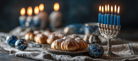 Elegant Hanukkah-themed card setting featuring a menorah, blue and silver decorations, dreidels, and sufganiyot on a linen tablecloth, illuminated by a warm candlelight glow.の素材