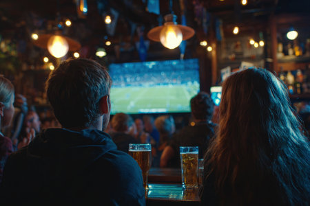 A group of friends watches an intense sports game on a large screen in a pub. The scene captures the excitement, with glowing lights reflecting off their glasses, creating a cinematic feel.の素材