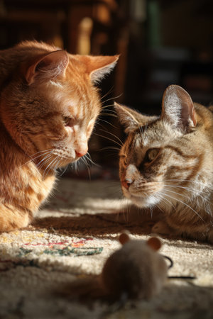 Two cats engage in a tense staredown over a toy mouse on a cozy living room floor. Soft sunlight enhances the comedic undertones of this playful, domestic scene.の素材