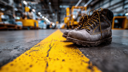 Close-up of rugged construction boots on a warehouse floor, featuring a yellow safety line leading to blurred machinery. Captures gritty industrial realism with macro depth blur.の素材