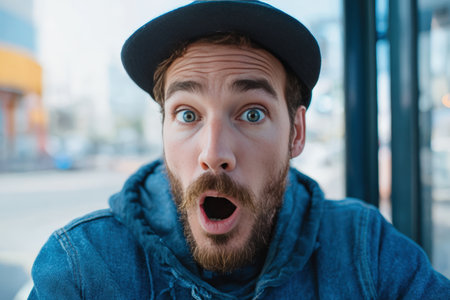 A man sitting at a bus stop shows an exaggerated surprised expression after a nearby car honks. The urban background adds context to his mid-reaction facial expression.の素材