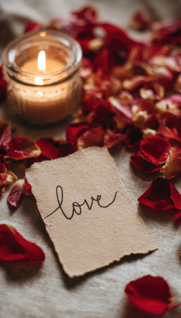 A romantic flat lay featuring a love note on kraft paper, surrounded by red rose petals and a lit candle. The soft ambient lighting enhances the intimate and cozy atmosphere.の素材