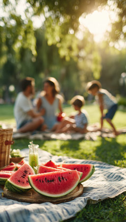 A family enjoys a sunny picnic in the park with watermelon slices, fresh juice, and a blanket on the grass. Children play joyfully in the background, creating a cheerful atmosphere.の素材