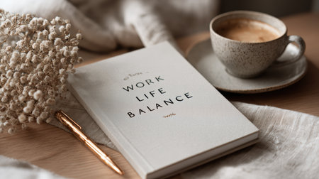 Close-up of a notebook featuring the phrase "Work Life Balance" on a minimal desk setup with a coffee cup and pen, creating a cozy office atmosphere.の素材