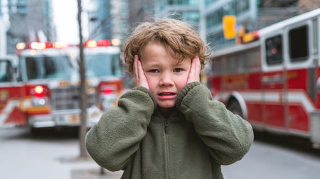 A child stands on a city sidewalk, covering their ears with both hands and making a funny face as a fire truck with sirens blares past in the urban background.の素材