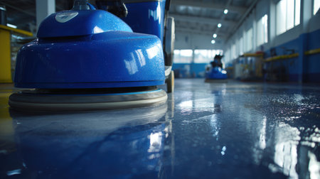 A close-up view of a blue floor cleaning machine polishing a wet surface in a workplace setting, showcasing a cinematic cleanliness aesthetic with reflections and industrial lighting.の素材