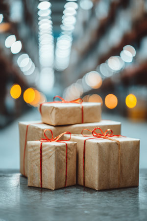Beautifully wrapped packages with red ribbons are displayed in a shipping facility. Bright overhead lights and a bokeh background create a festive holiday logistics theme.の素材