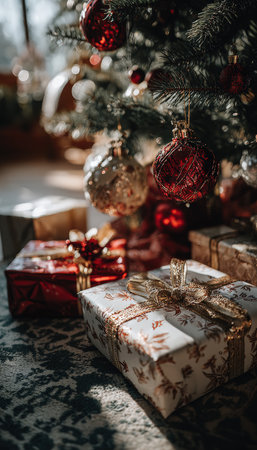 Cinematic photo of beautifully wrapped Christmas gifts and sparkling ornaments under a tree. Soft natural light enhances the joyful holiday atmosphere, creating a warm festive scene.の素材