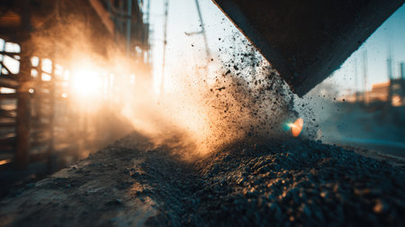 A cinematic low-angle shot captures concrete pouring at a construction site, enhanced by dramatic lighting and lens flare, creating a dynamic and intense visual effect.の素材