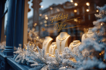 A jewelry store window display featuring snow-dusted pine branches, sparkling jewelry, and a "Holiday Offer" banner in gold. Evening city reflections add a festive ambiance.の素材