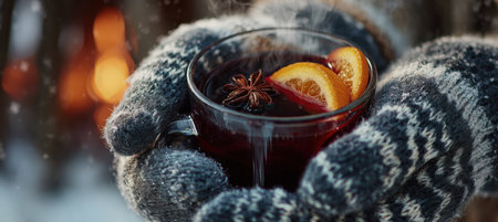 Close-up of hands in wool gloves holding a steaming mug of mulled wine with cloves and orange slices. The blurred snowy background enhances the cozy winter atmosphere.の素材