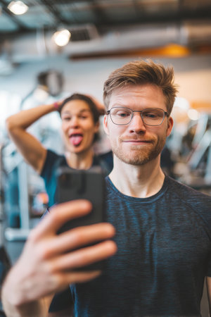 A man captures a selfie in a gym mirror, while a person in the background makes a humorous face. The scene is set in natural indoor lighting, adding a playful touch.の素材