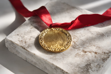 Close-up image of a gold medal with a red ribbon resting on a marble podium. The detailed engraving and texture are highlighted by soft studio lighting, set against a clean white background.の素材