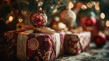 Close-up of beautifully wrapped presents in red and gold under a Christmas tree, with sparkling ornaments and a cozy winter ambiance.の素材