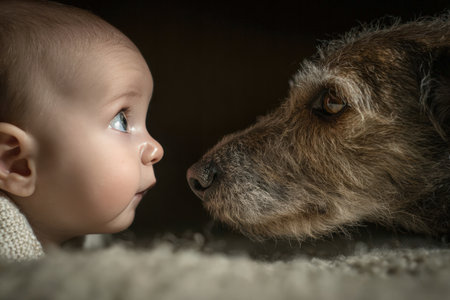 A baby and a dog share a nose-to-nose moment of mutual surprise, captured in warm natural daylight with soft indoor textures, highlighting their wide-eyed expressions.の素材