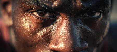 Cinematic close-up portrait of a sprinter mid-stride, with sweat glistening under sunlight. The image captures high-speed sports realism and intense focus.の素材