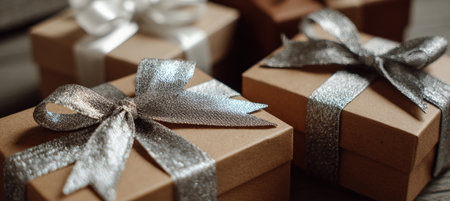 A close-up image of cardboard gift boxes adorned with shiny bows, blending a festive and industrial mood. The clean, modern photo style highlights the elegant simplicity.の素材