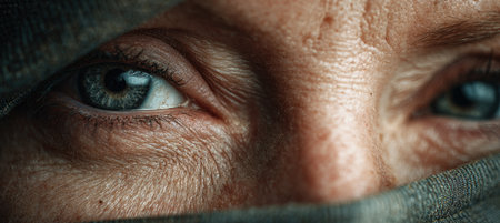 Close-up macro shot capturing tired eyes partially covered by a face mask, highlighting wrinkles and moisture. The cinematic portrait emphasizes texture and detail.の素材