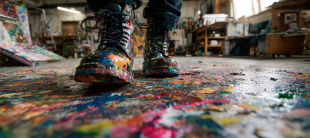 Close-up of boots stepping over a paint-splattered floor in an artist's industrial studio. The scene captures a creative and messy aesthetic, highlighting artistic expression.の素材