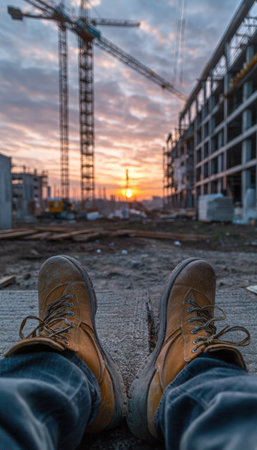A dynamic construction site at sunrise features towering steel frameworks and cranes. Worker boots in the foreground add a personal touch to the industrial landscape.の素材