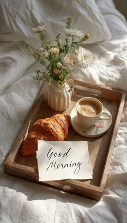 A cozy breakfast in bed setup featuring a wooden tray with a croissant, coffee, a small flower vase, and a handwritten "Good Morning" card on white sheets, creating a warm home aesthetic.の素材