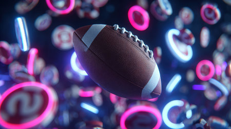 A football floats amidst tokens and chips in zero gravity, illuminated by neon lights. The scene captures a futuristic sports aesthetic with cinematic realism and vibrant reflections.の素材