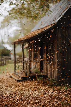 Gentle wind scatters autumn leaves near a rustic wooden cabin, creating a peaceful countryside scene. The image captures the essence of fall with a serene, natural ambiance.の素材