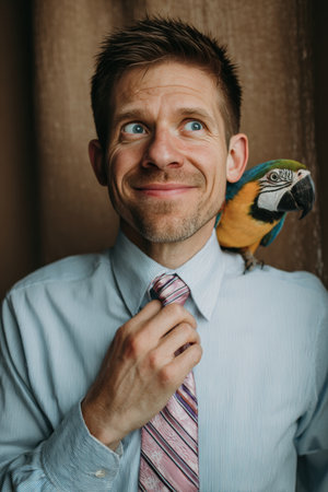 A man in a dress shirt adjusts his tie while a parrot lands on his shoulder, creating a startled yet amused expression. The minimal background highlights the humorous interaction.の素材