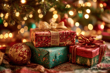 Christmas presents wrapped in red, green, and gold paper sit beneath a decorated tree with glowing lights, creating a warm and cozy holiday atmosphere with cinematic realism.の素材