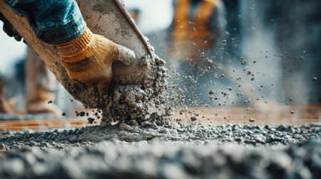 Detailed close-up of fresh concrete being poured onto a foundation. A worker's gloved hands guide the chute, with a soft background blur, capturing realistic construction activity.の素材