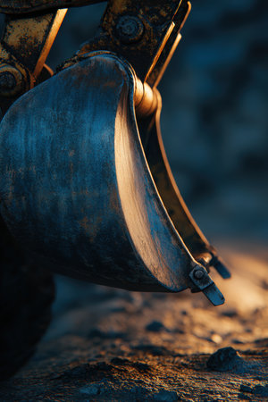 Macro photograph of an excavator bucket near a blue pipe, highlighted by a soft golden glow. The image captures detailed industrial textures and depth, showcasing cinematic realism.の素材