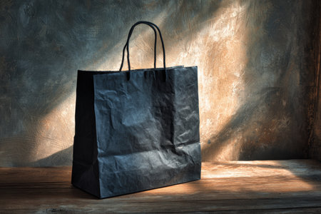 A black paper bag with handles sits on a rustic wooden surface, illuminated by sunlight streaming through a window, creating an elegant and simple cinematic mood.の素材