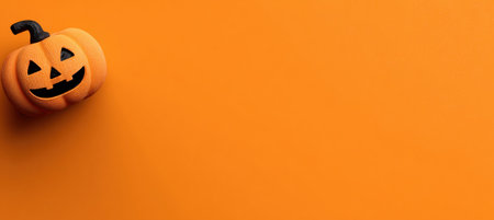 Studio-style orange background featuring a small Jack-o'-lantern in the bottom right corner. Ideal for Halloween-themed designs and headlines with ample empty space.の素材