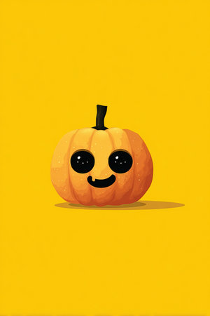 Vector illustration of a minimalistic, cartoon-style Jack-o'-lantern featuring large eyes and a goofy smile, set against a flat yellow background. Perfect for Halloween themes.の素材