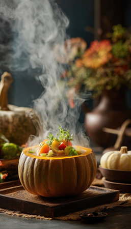 A carved pumpkin filled with steaming vegetable stew is the centerpiece of this autumn-themed food photography. The setup includes seasonal decor, creating a warm, cozy atmosphere.の素材