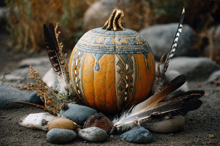 A pumpkin decorated with Native American-inspired carvings and natural dyes, surrounded by feathers and stones, placed on earthy ground, symbolizing cultural artistry and nature.の素材