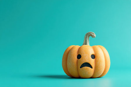 A single Jack-o'-lantern with a sad expression sits on a solid teal background. Studio-lit with minimal shadows, this image is ideal for sticker or template design projects.の素材