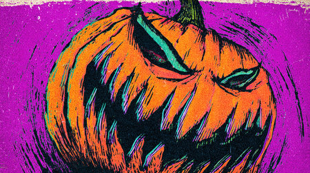 A spooky Jack-o'-lantern with exaggerated teeth and an eerie glow set against a vivid purple background. Ideal for Halloween-themed sale banners, posters, and festive decorations.の素材